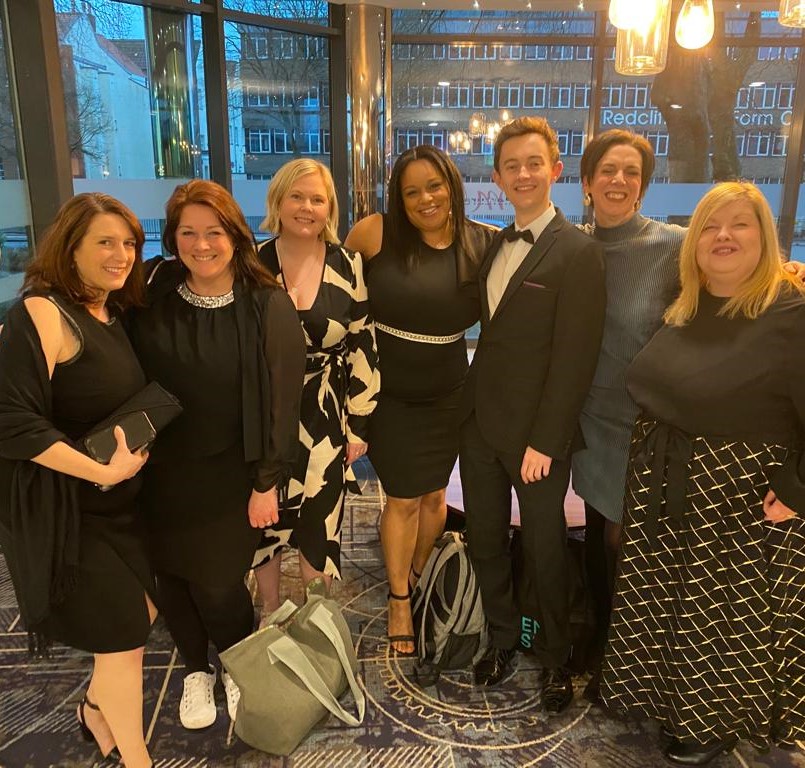 Vicky, Rebecca, Laura, Ashton, James, Paola and Debbie dressed in black tie