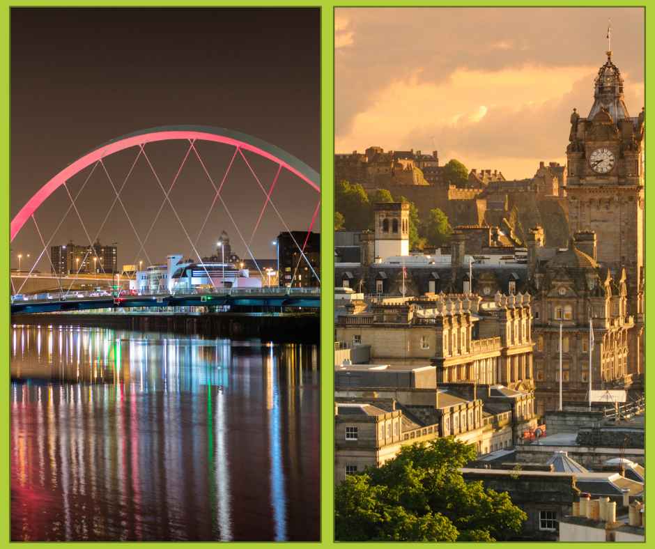 Two images depicting iconic views of Glasgow and Edinburgh