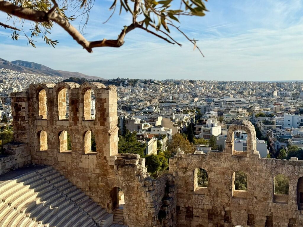 Ancient ruins in Athens overlooking the city