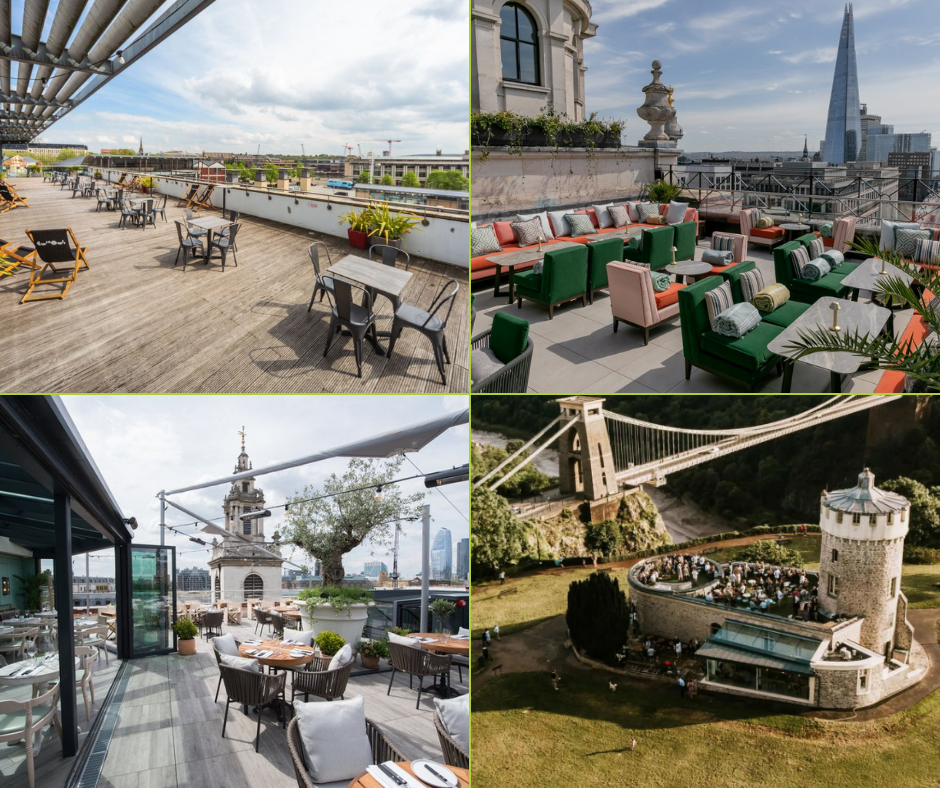 A collage showing four rooftop venues in Bristol and London